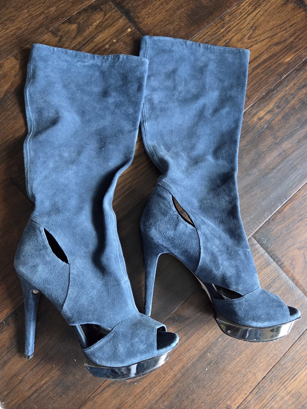 Velvet Angels Delano Calf-high Suede Open-Toe Stiletto Heel Boots Blue Sz 40/9.5